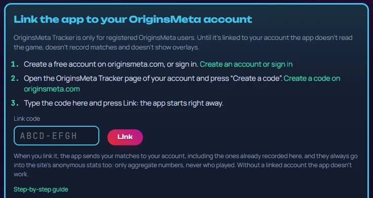 OriginsMeta Tracker при первом запуске: «Link the app to your OriginsMeta account», три шага, поле «Link code» и кнопка «Link»