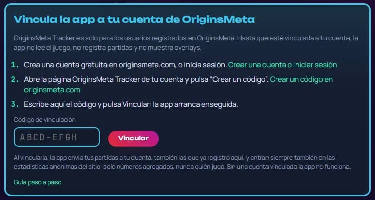 OriginsMeta Tracker al abrirla por primera vez: «Vincula la app a tu cuenta de OriginsMeta», con los tres pasos, el campo «Código de vinculación» y el botón «Vincular»
