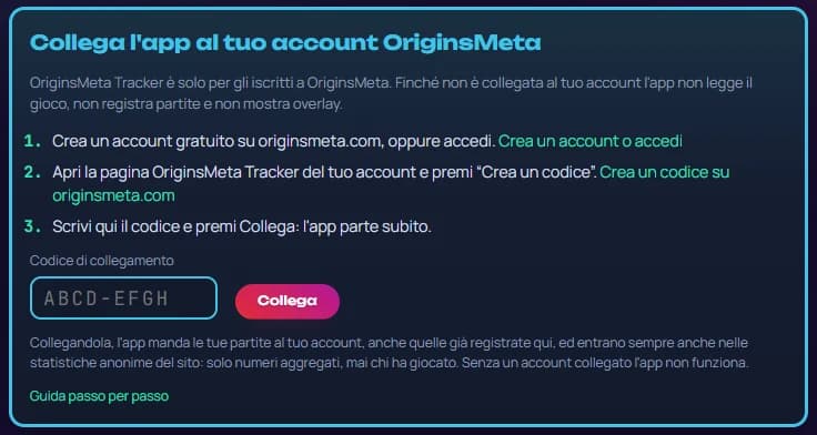 OriginsMeta Tracker al primo avvio: «Collega l'app al tuo account OriginsMeta», con i tre passi, il campo «Codice di collegamento» e il tasto «Collega»