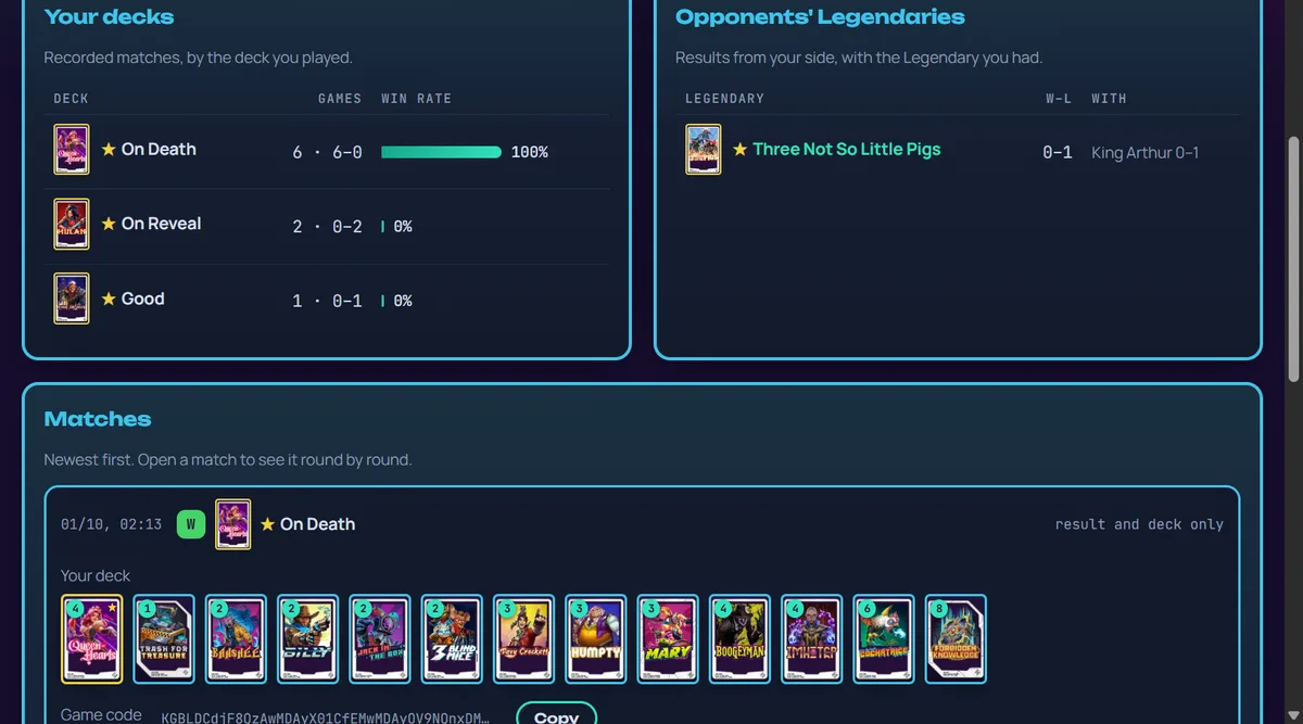 As partidas registradas: os seus decks com o win rate, as Lendárias enfrentadas e cada partida com o seu deck em cartas