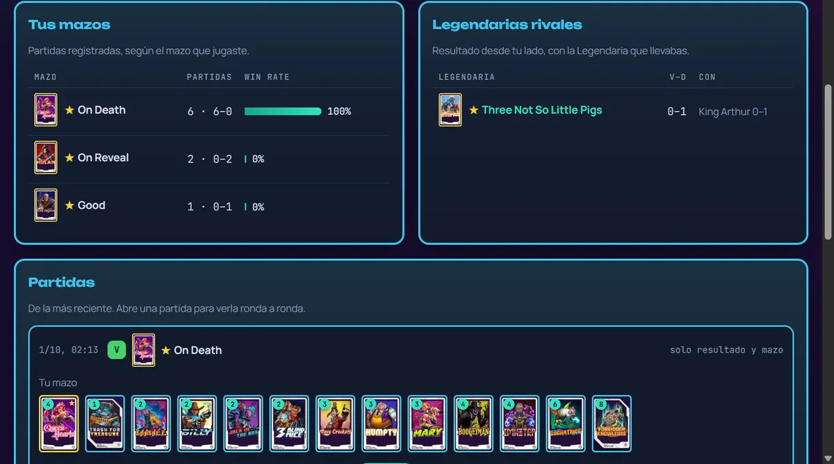 Las partidas registradas: tus mazos con su win rate, las Legendarias rivales y cada partida con tu mazo en cartas