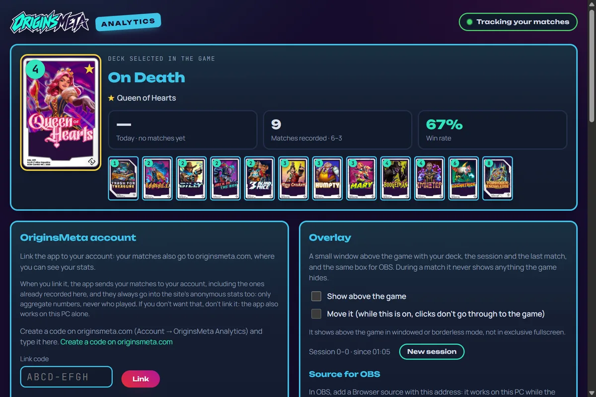 La fenêtre d'OriginsMeta Analytics : le deck sélectionné dans le jeu avec sa Légendaire et ses 12 cartes, les parties enregistrées et le win rate