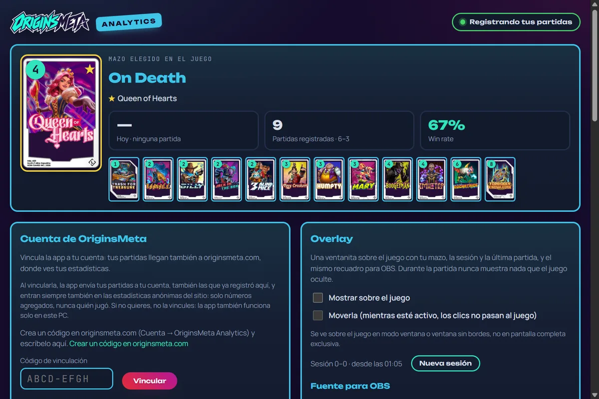 La ventana de OriginsMeta Tracker: el mazo elegido en el juego con su Legendaria y sus 12 cartas, las partidas registradas y el win rate