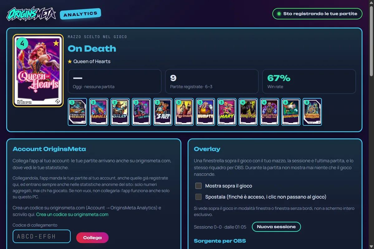 La finestra di OriginsMeta Analytics: il mazzo scelto nel gioco con la sua Leggendaria e le 12 carte, le partite registrate e il win rate