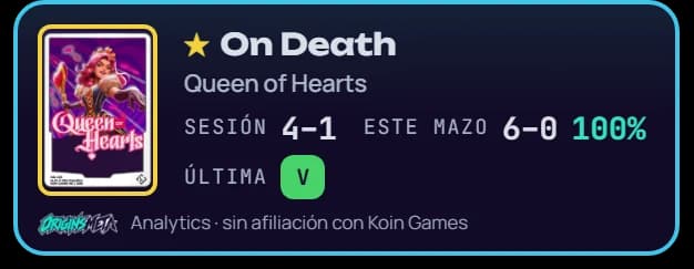 El overlay de OriginsMeta Analytics: la Legendaria del mazo, la sesión, el récord del mazo y la última partida