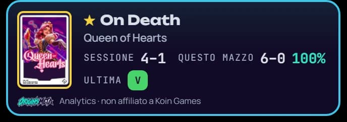 L'overlay di OriginsMeta Analytics: la Leggendaria del mazzo, la sessione, il record del mazzo e l'ultima partita