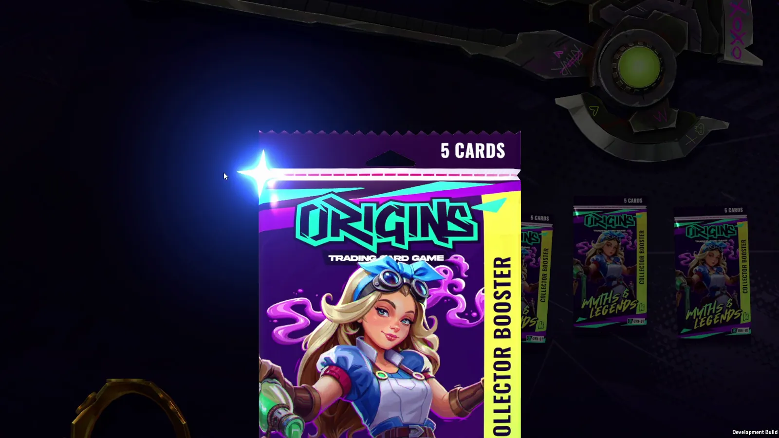 An Origins TCG Myths & Legends Collector Booster pack of 5 cards, with a blonde heroine wearing goggles on the cover, during pack opening.