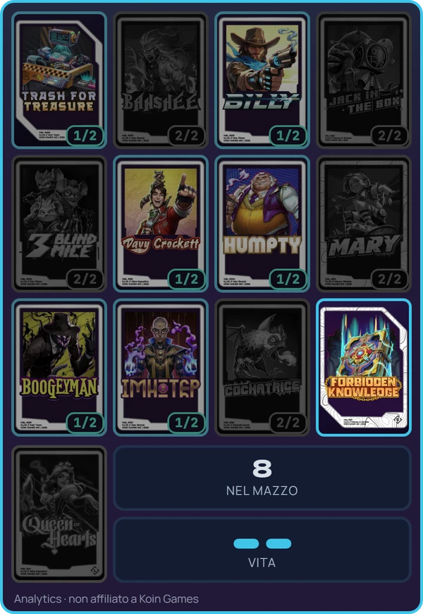 O Deck tracker durante uma partida da Demo 2.0: cartas compradas escurecidas, 8 cartas restantes no deck, 2 segmentos de vida