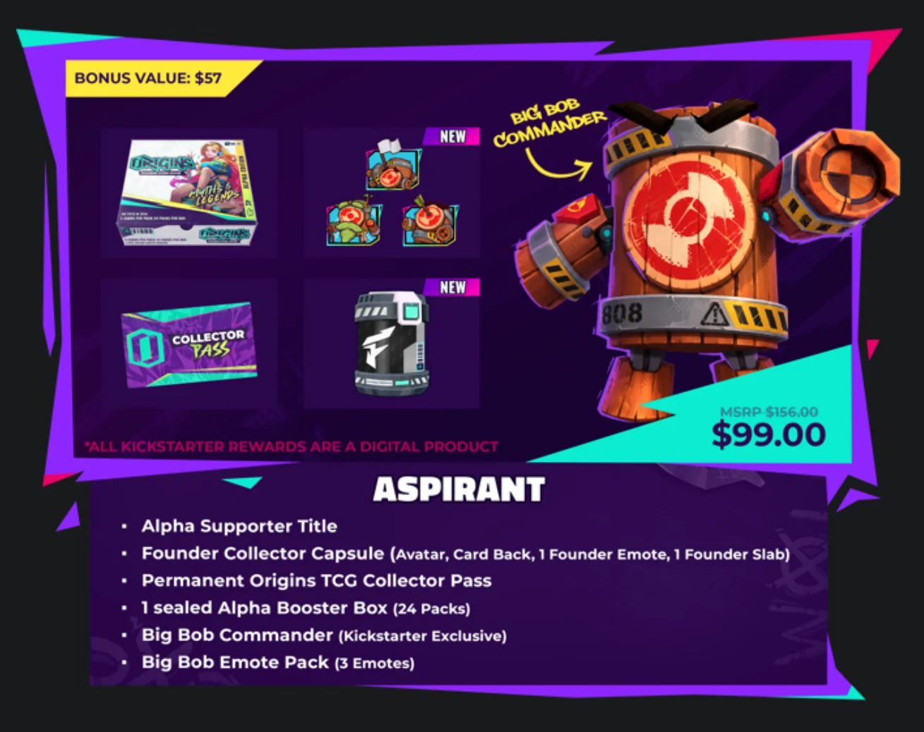 Scheda di Koin Games del livello Aspirant, 99 $: una booster box Alpha sigillata, le emote di Big Bob, il Collector Pass, la capsula Founder e Big Bob Commander