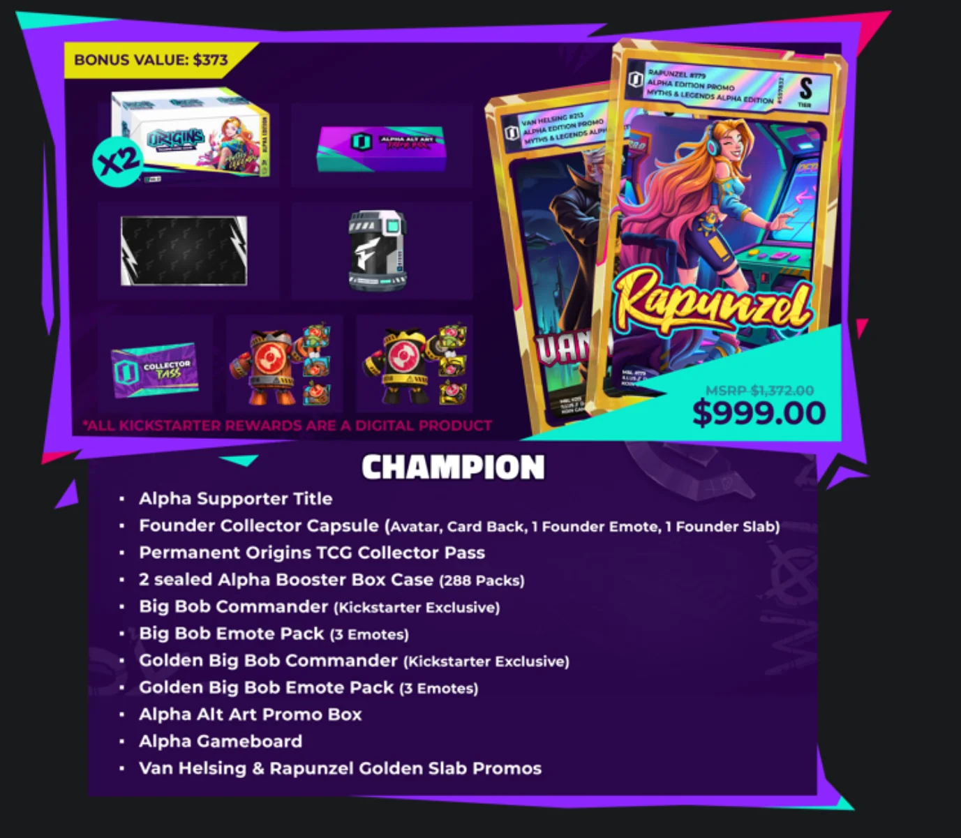 Scheda di Koin Games del livello Champion, 999 $: due case sigillati e le promo Golden Slab di Van Helsing e Rapunzel