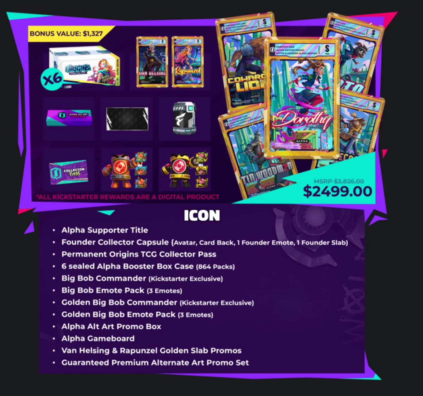 Scheda di Koin Games del livello Icon, 2.499 $: sei case sigillati, gli slab di Van Helsing e Rapunzel e un set di slab promo Alternate Art
