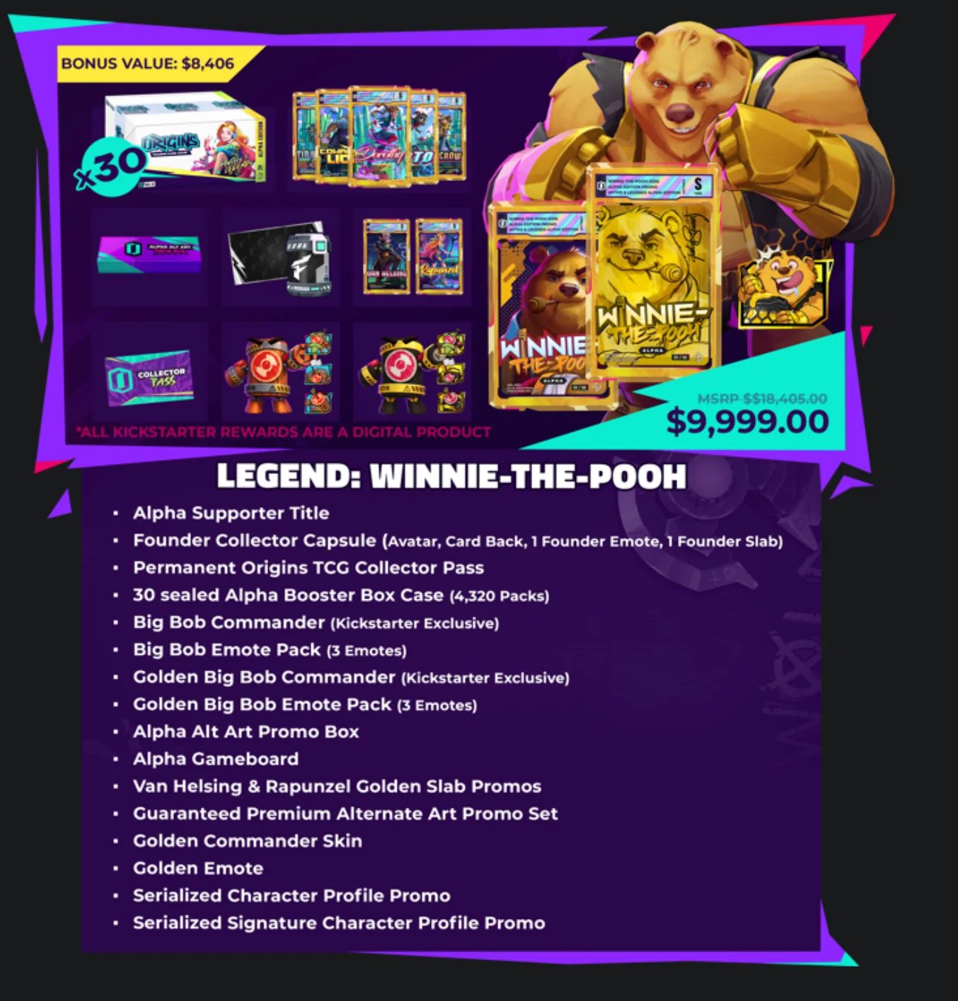 Scheda di Koin Games del livello Legend: Winnie-the-Pooh, 9.999 $: trenta case sigillati e due slab promo di Winnie-the-Pooh, uno dorato