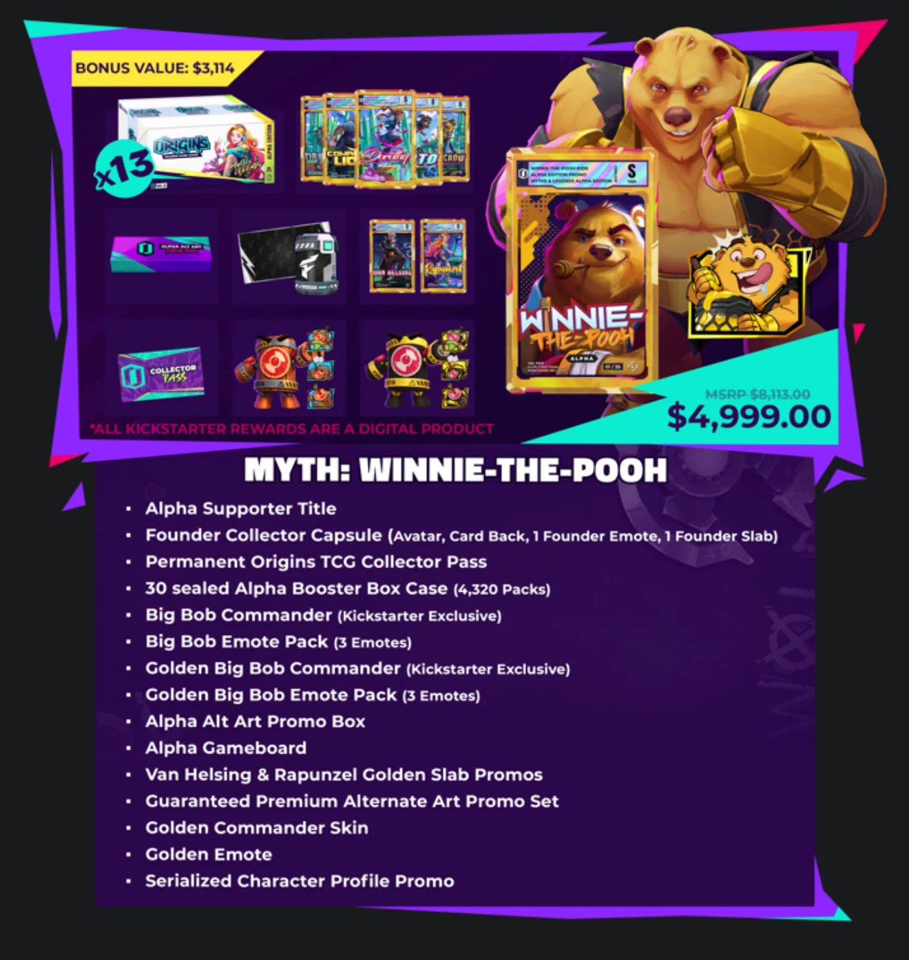 Scheda di Koin Games del livello Myth: Winnie-the-Pooh, 4.999 $: case sigillati, il set promo Alternate Art e uno slab promo di Winnie-the-Pooh con la sua emote dorata
