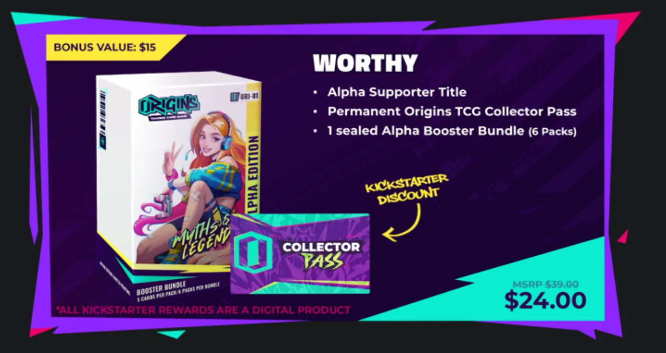 Scheda di Koin Games del livello Worthy, 24 $: un Alpha Booster Bundle sigillato da 6 pacchetti e il Collector Pass